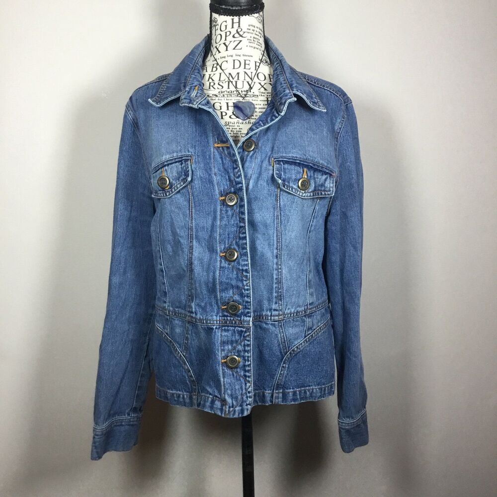 The Limited blue denim jacket button closure zip cuff 100% cotton versatile L